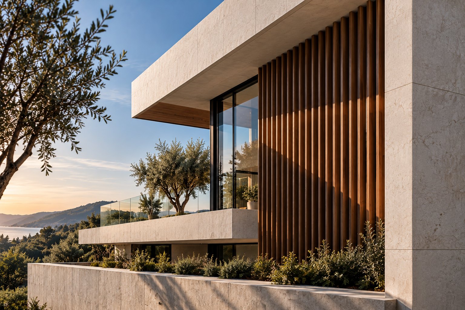 Konsept mimari görsel: akdeniz modern villasında gün batımı